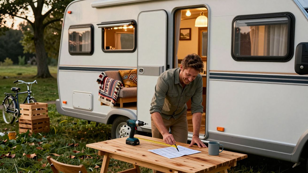 Persona trabajando en una mesa de madera frente a una caravana en el campo, con herramientas y una bicicleta al fondo.