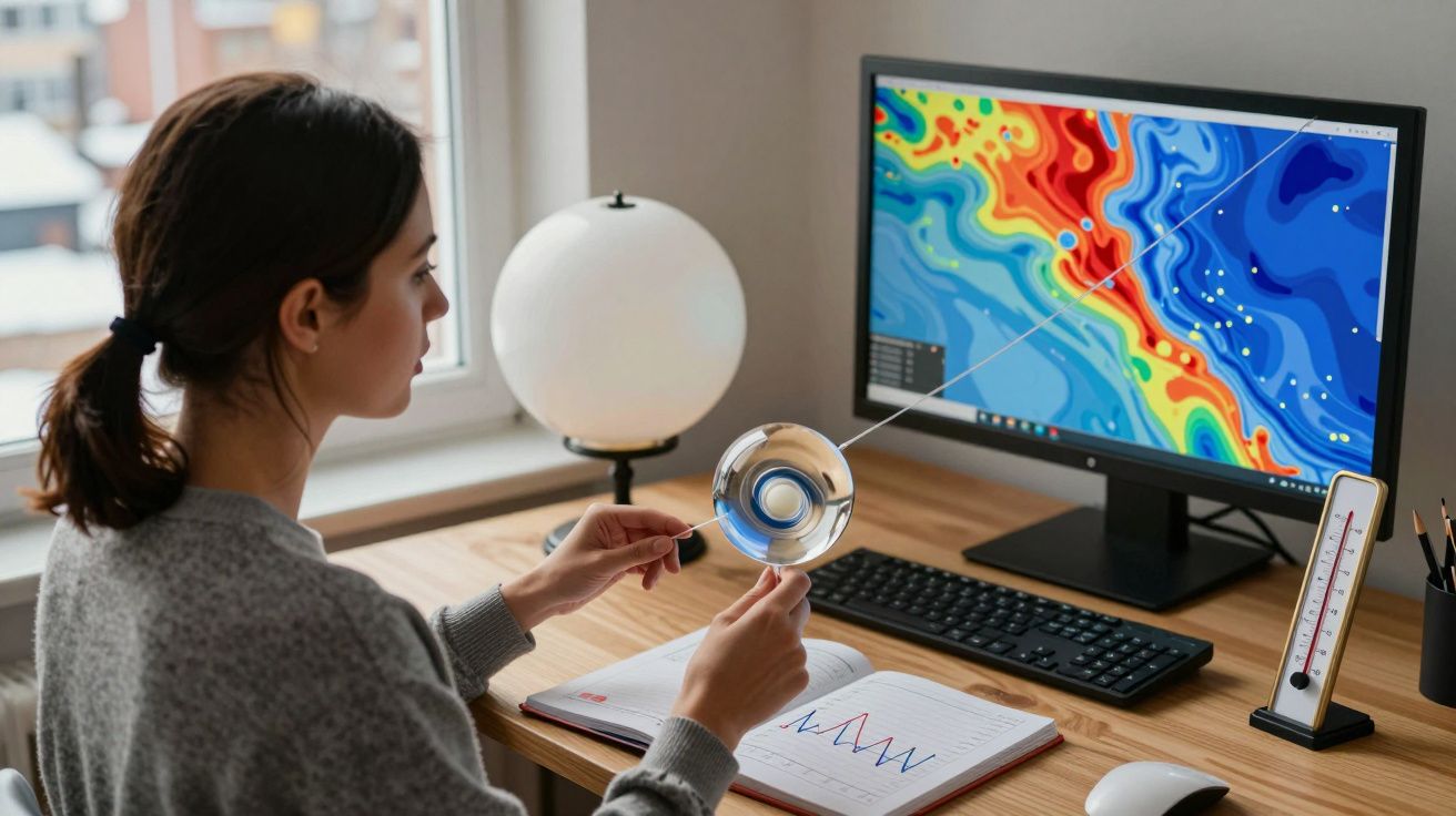 Mujer analizando datos meteorológicos en un ordenador con gráficos de colores, lupa en mano y cuaderno abierto.