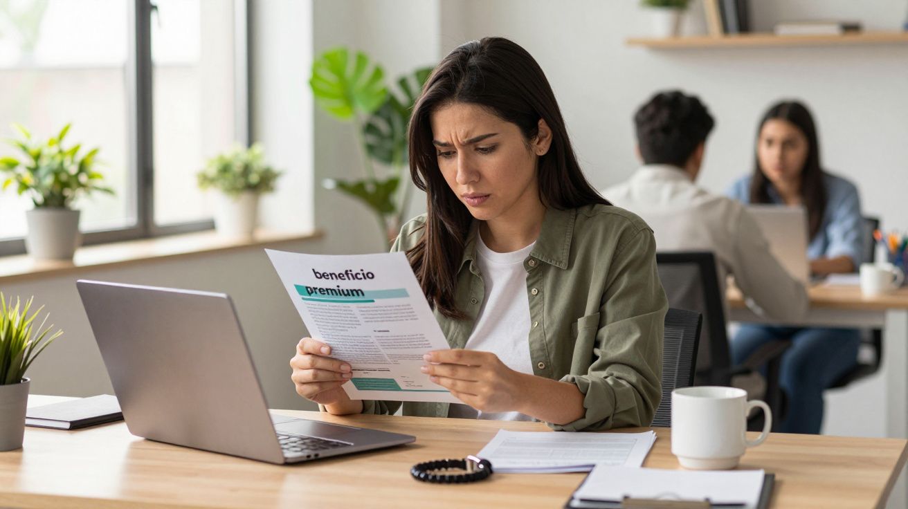Mujer leyendo un documento en una oficina, visiblemente preocupada, con un portátil abierto delante de ella.