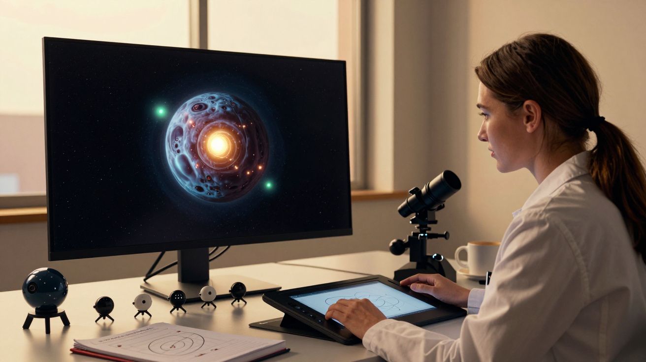 Científica observando una simulación de un planeta en una pantalla grande mientras trabaja en una tableta en su escritorio.