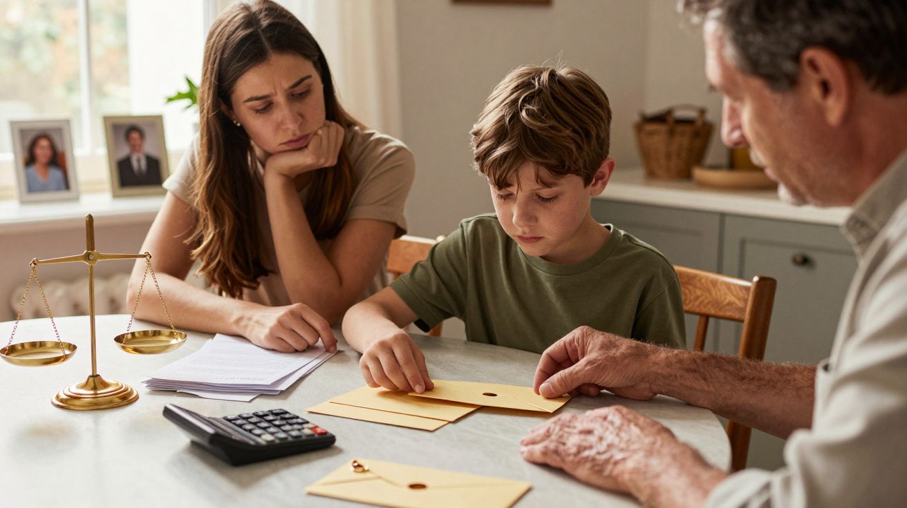 Un niño, una mujer y un hombre sentados en una mesa con sobres, una balanza y una calculadora en un ambiente hogareño.