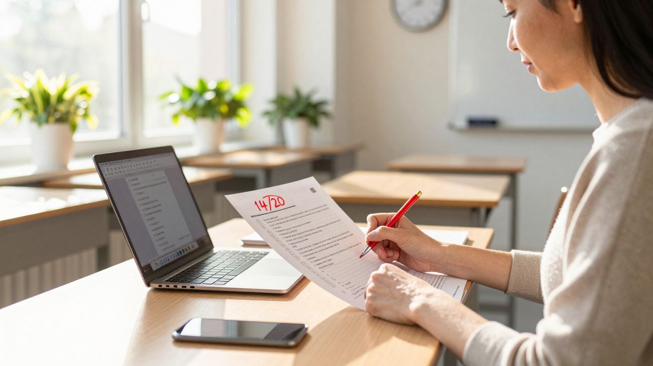 Mujer corrigiendo un examen en un aula con laptop y móvil sobre el escritorio, plantas al fondo y luz natural.