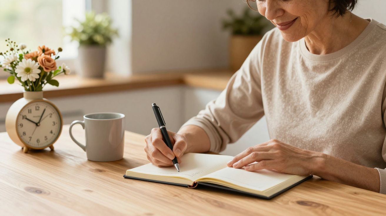 Mujer escribiendo en un cuaderno sobre una mesa de madera junto a una taza, un reloj y un ramo de flores.