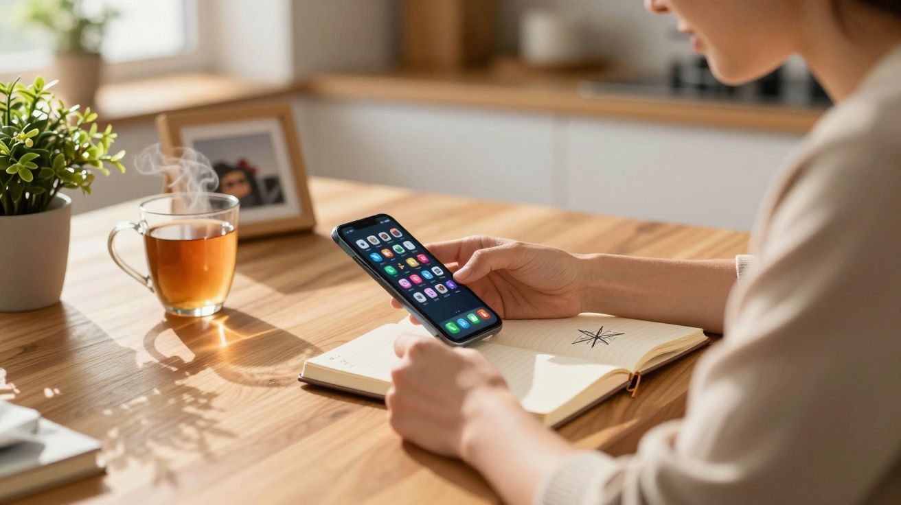 Persona usando un móvil mientras toma notas en un cuaderno sobre una mesa de madera. Hay una taza de té y una planta.