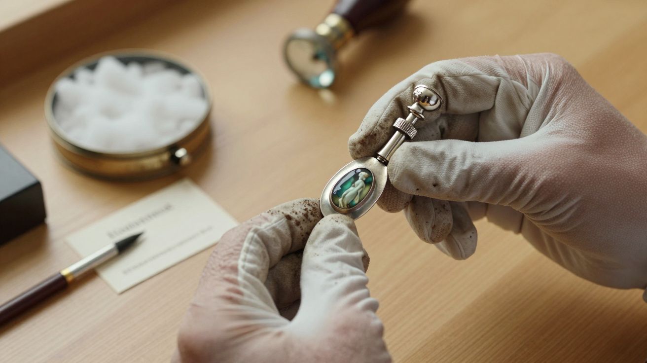 Manos con guantes sostienen un colgante de metal sobre una mesa de madera, con un bote y pluma cerca.