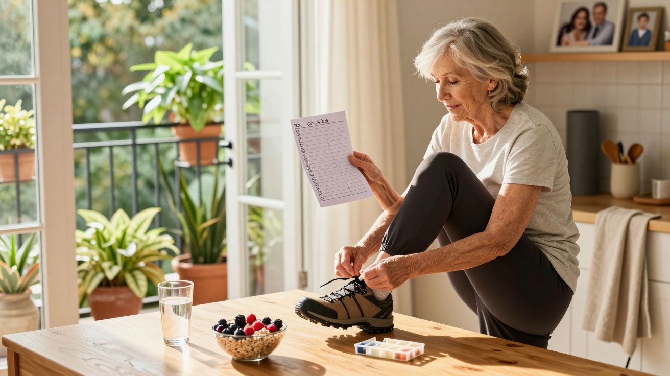 Mujer mayor atándose botas sobre mesa, con lista en mano, junto a tazón de frutas y pastillero, en cocina luminosa.