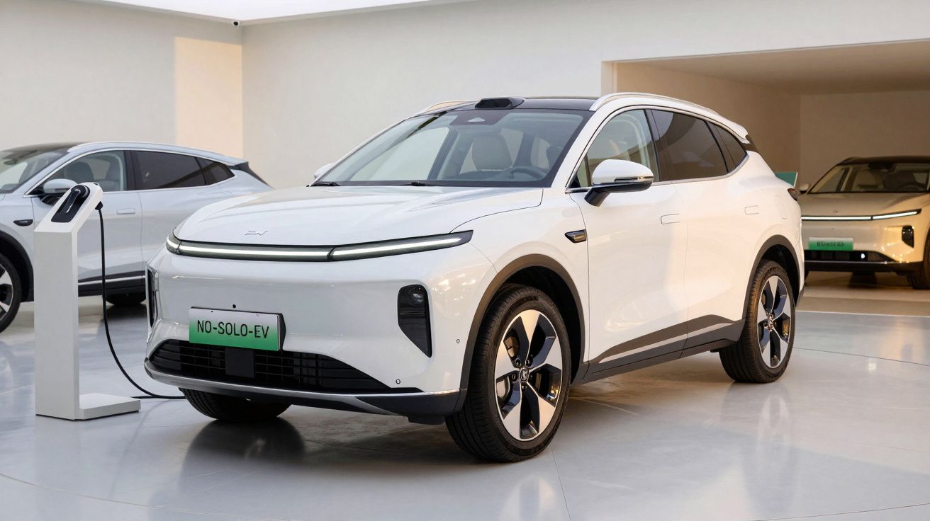 Coche eléctrico blanco en estación de carga en un garaje moderno.