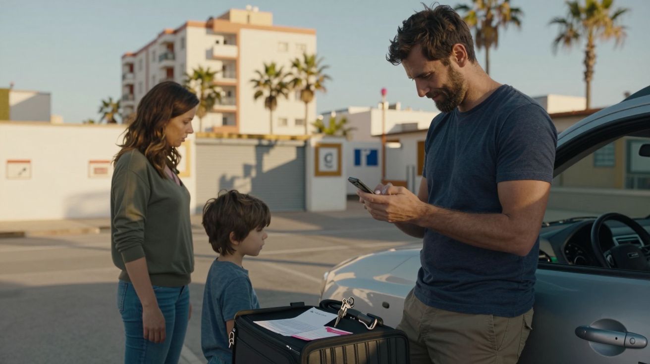 Hombre, mujer y niño junto a un coche en el aparcamiento, él mira un teléfono y hay una maleta delante.