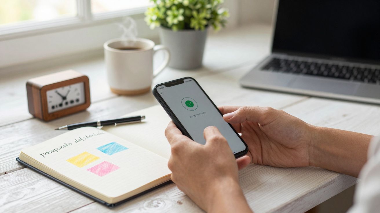 Persona usando un smartphone en la mesa, junto a una libreta, un reloj de sobremesa, una taza y una planta.