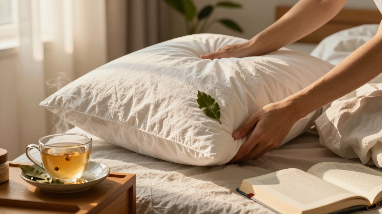 Persona colocando una almohada blanca con una hoja encima, cerca de una taza de té y un libro abierto en una cama iluminada.