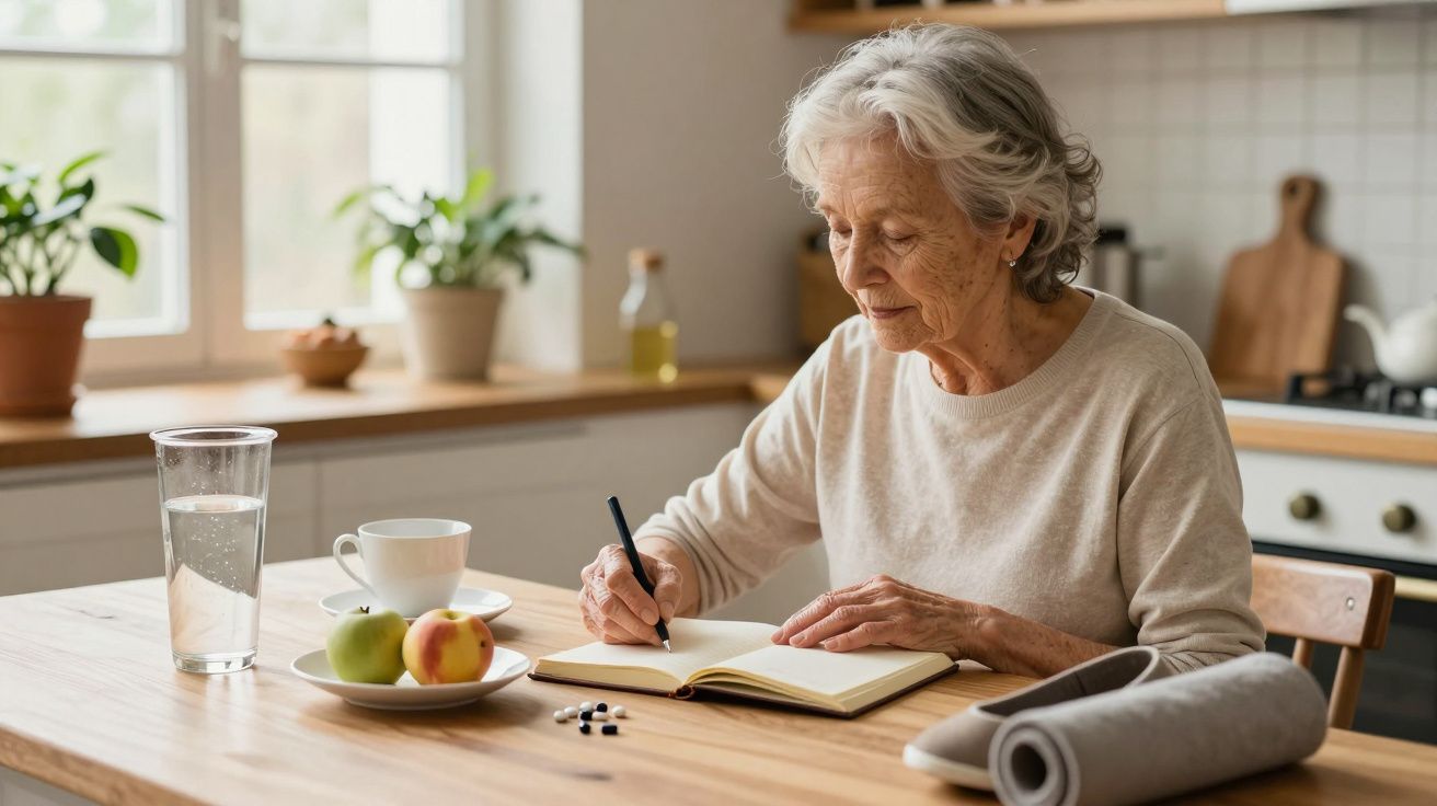Mujer mayor escribiendo en un cuaderno en una cocina luminosa, con fruta, taza de té y vaso de agua sobre la mesa.