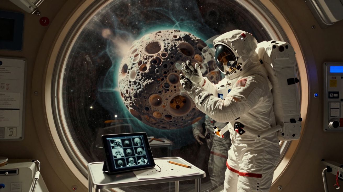 Astronauta observa un asteroide desde una ventana de nave espacial con pantalla de control en primer plano.