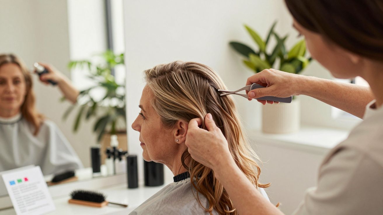 Mujer en peluquería, estilista peinando su cabello rubio frente a un espejo, con plantas y herramientas en el fondo.