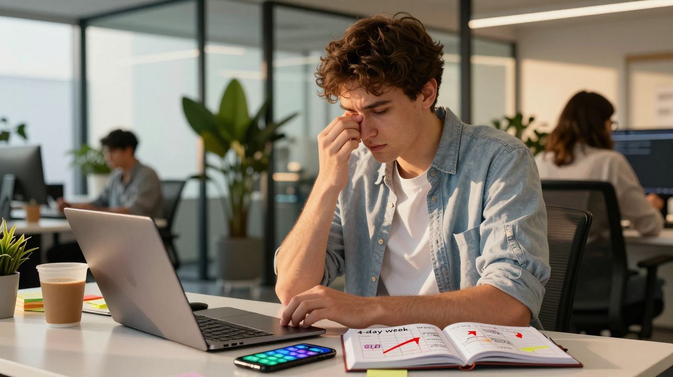 Hombre en oficina, preocupado frente al portátil. Mesa con café, móvil y cuaderno abierto. Plantas de fondo.