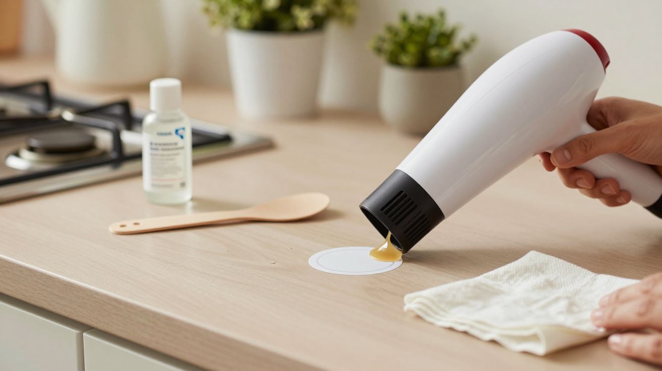 Secador de mano derritiendo cera sobre una mesa de cocina junto a una espátula de madera y un frasco.