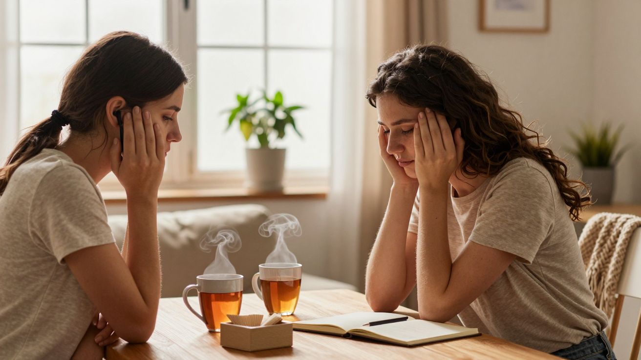 Dos mujeres sentadas frente a frente en una mesa con tazas de té, escribiendo en un cuaderno.