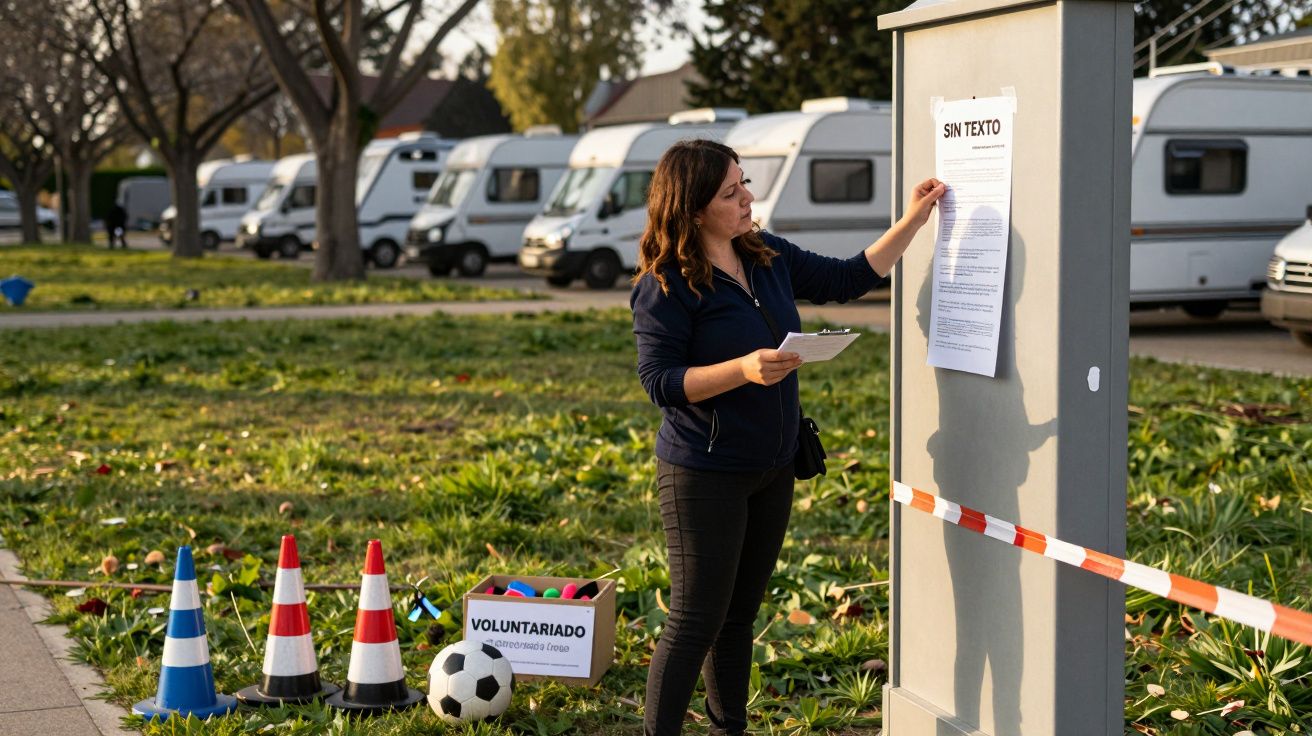 Mujer colocando un cartel en un tablón al aire libre, cerca de autocaravanas y un cartel de voluntariado con conos.