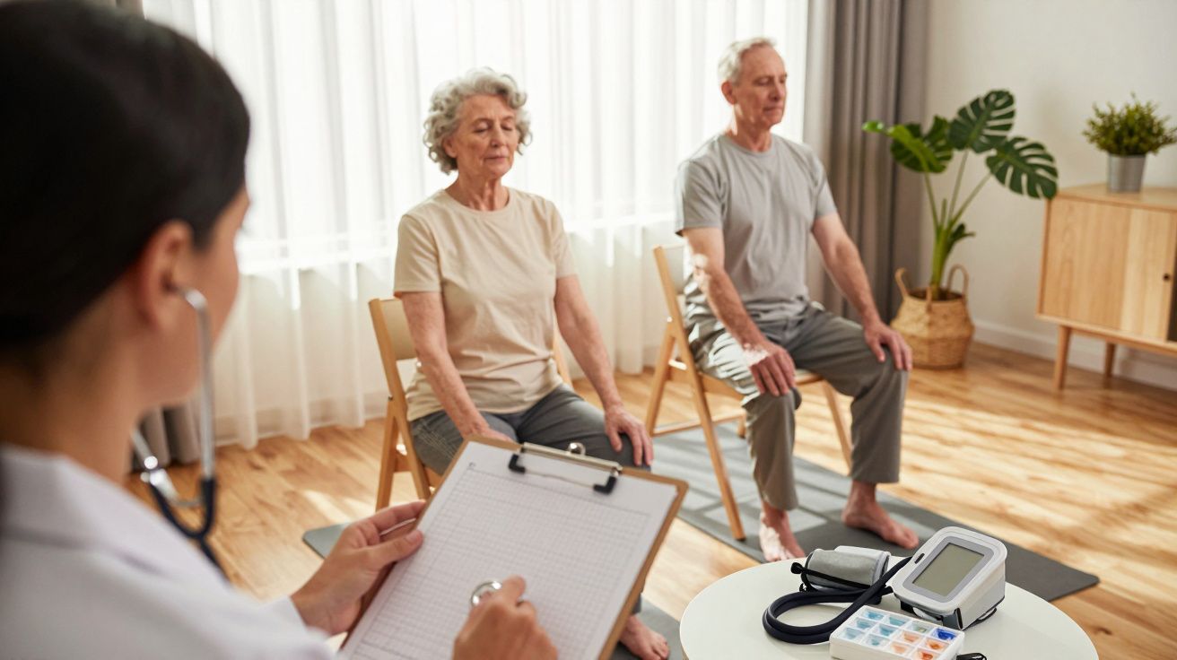 Persona mayor sentada en una silla durante una consulta médica con una doctora que toma notas en una habitación luminosa.