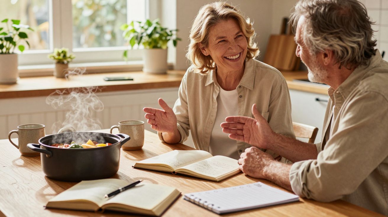 Pareja madura sonriendo mientras conversa en una cocina acogedora. Sobre la mesa hay cuadernos y una olla humeante.