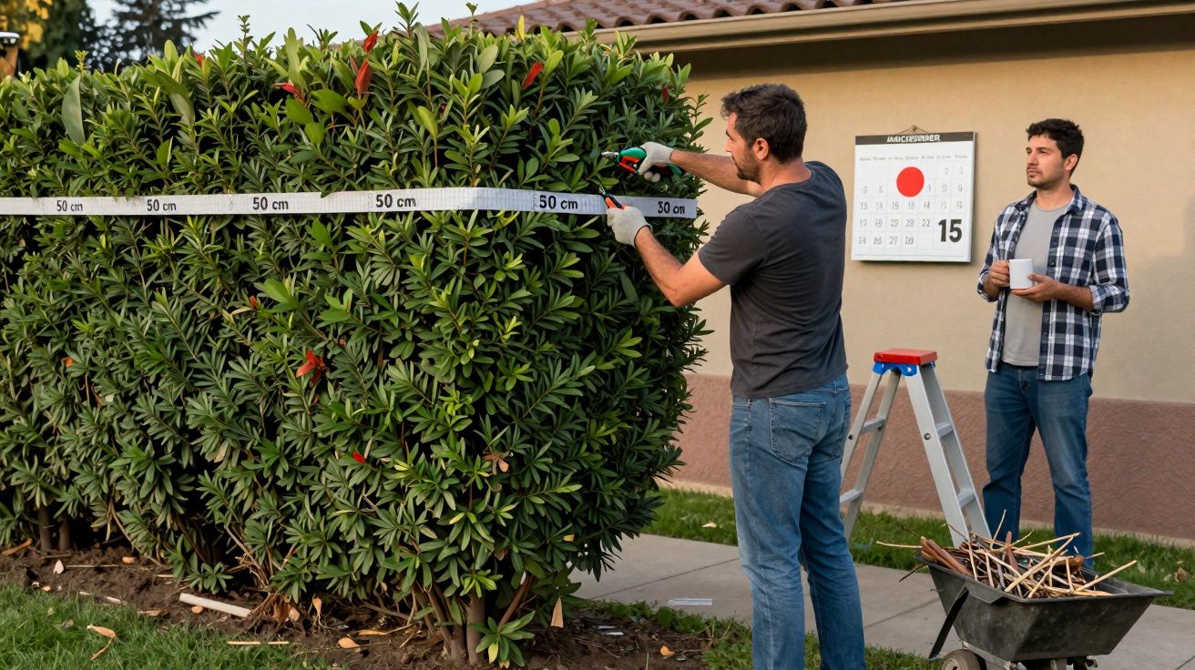 Hombre mide seto con una cinta métrica mientras otro sostiene una taza cerca de un calendario en la pared.