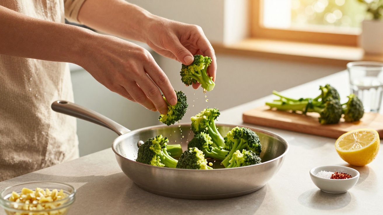 Manos sazonando brócoli en sartén, con limón y condimentos en la encimera iluminada por luz natural.