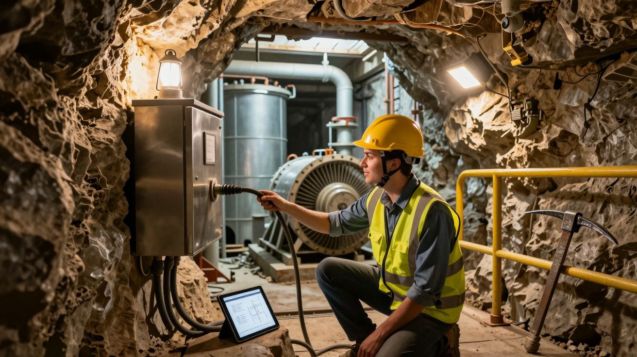 Ingeniero con casco y chaleco revisa panel de control en mina subterránea, rodeado de maquinaria y cables.