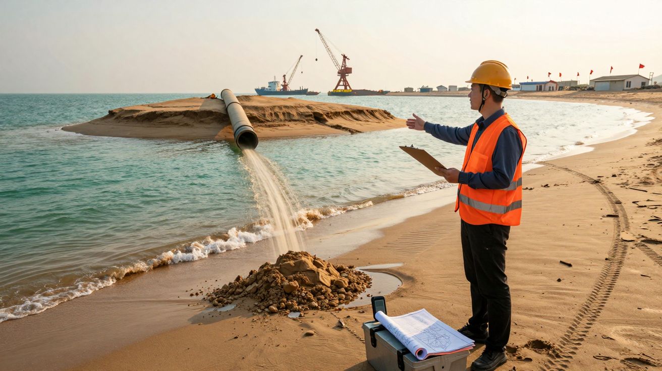 Ingeniero supervisa tubería que arroja arena al mar, en una obra costera.