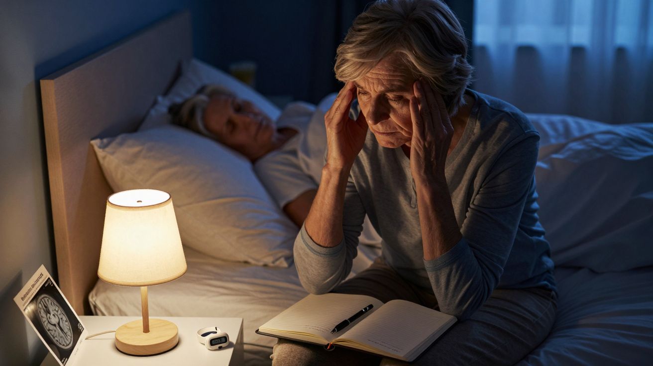 Mujer mayor sentada en la cama con insomnio, pensando, mientras un hombre duerme al lado. Una lámpara ilumina la escena.