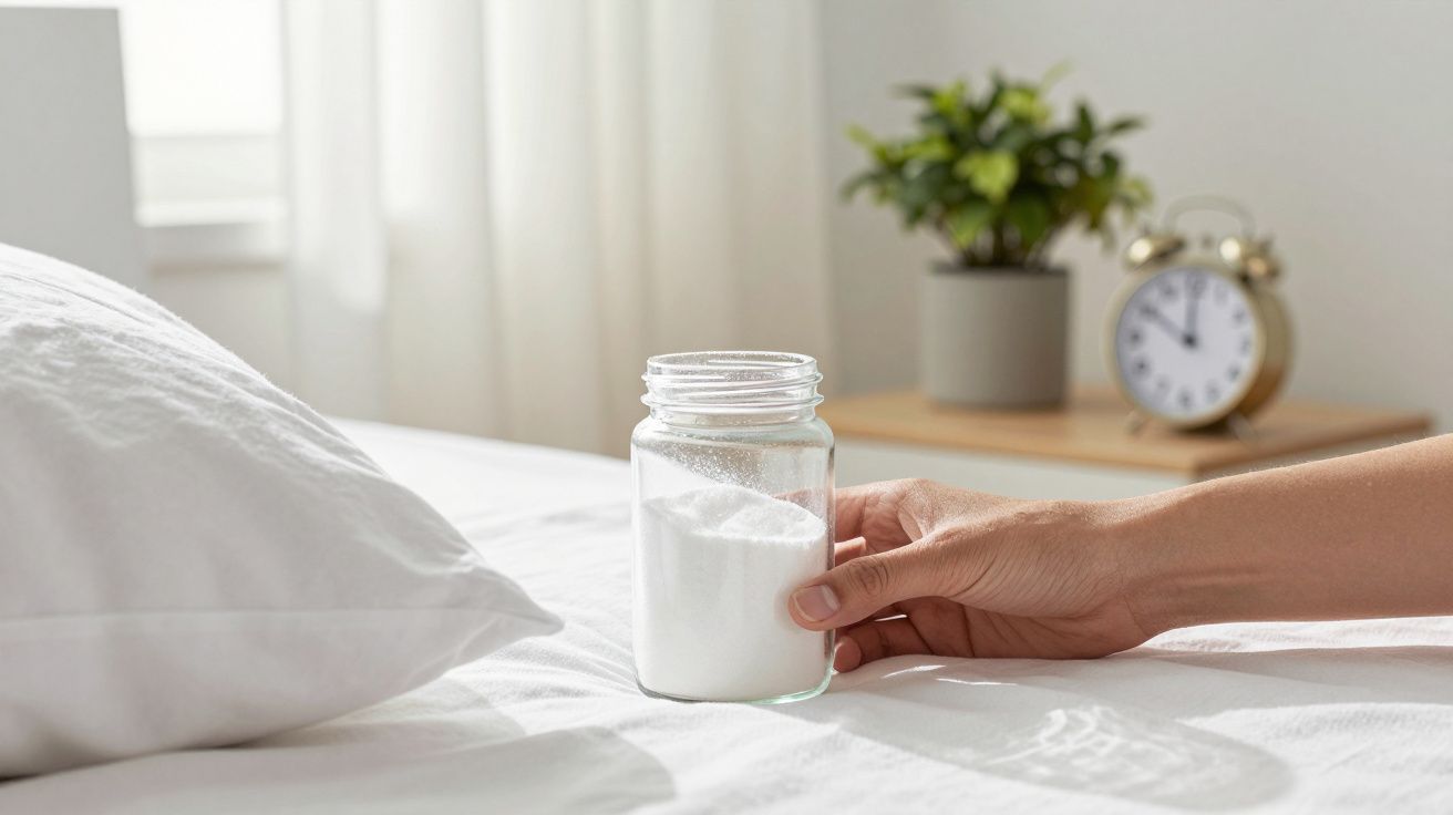 Mano sosteniendo un tarro de vidrio con polvo blanco sobre una cama, fondo con planta y reloj en mesilla de noche.