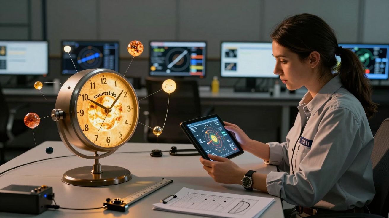 Mujer en uniforme revisa un tablet en oficina con un reloj solar mecánico y pantallas de ordenador al fondo.