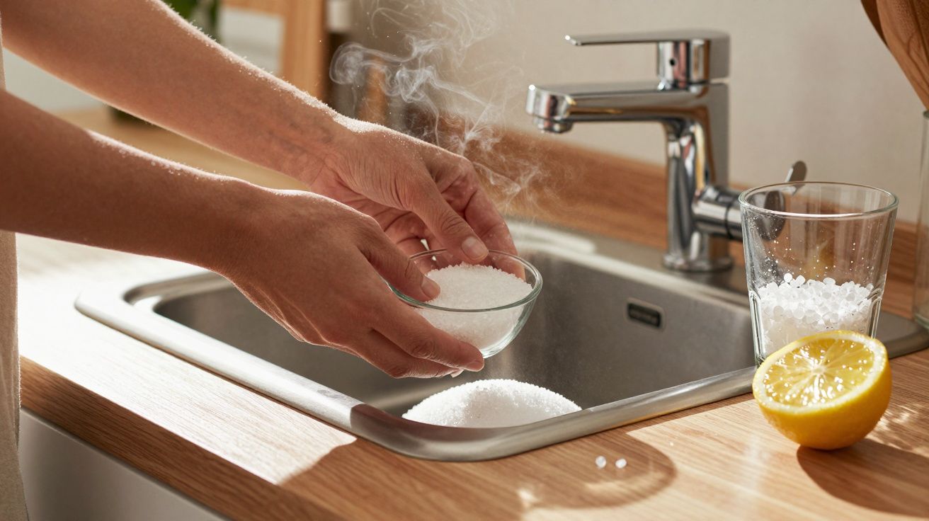 Manos vertiendo sal en un fregadero de cocina con un grifo, un vaso y medio limón.