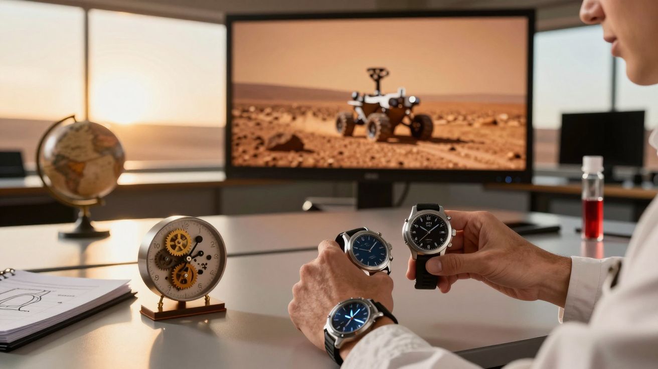 Un hombre sostiene tres relojes frente a una pantalla con un vehículo robótico en un paisaje desértico.