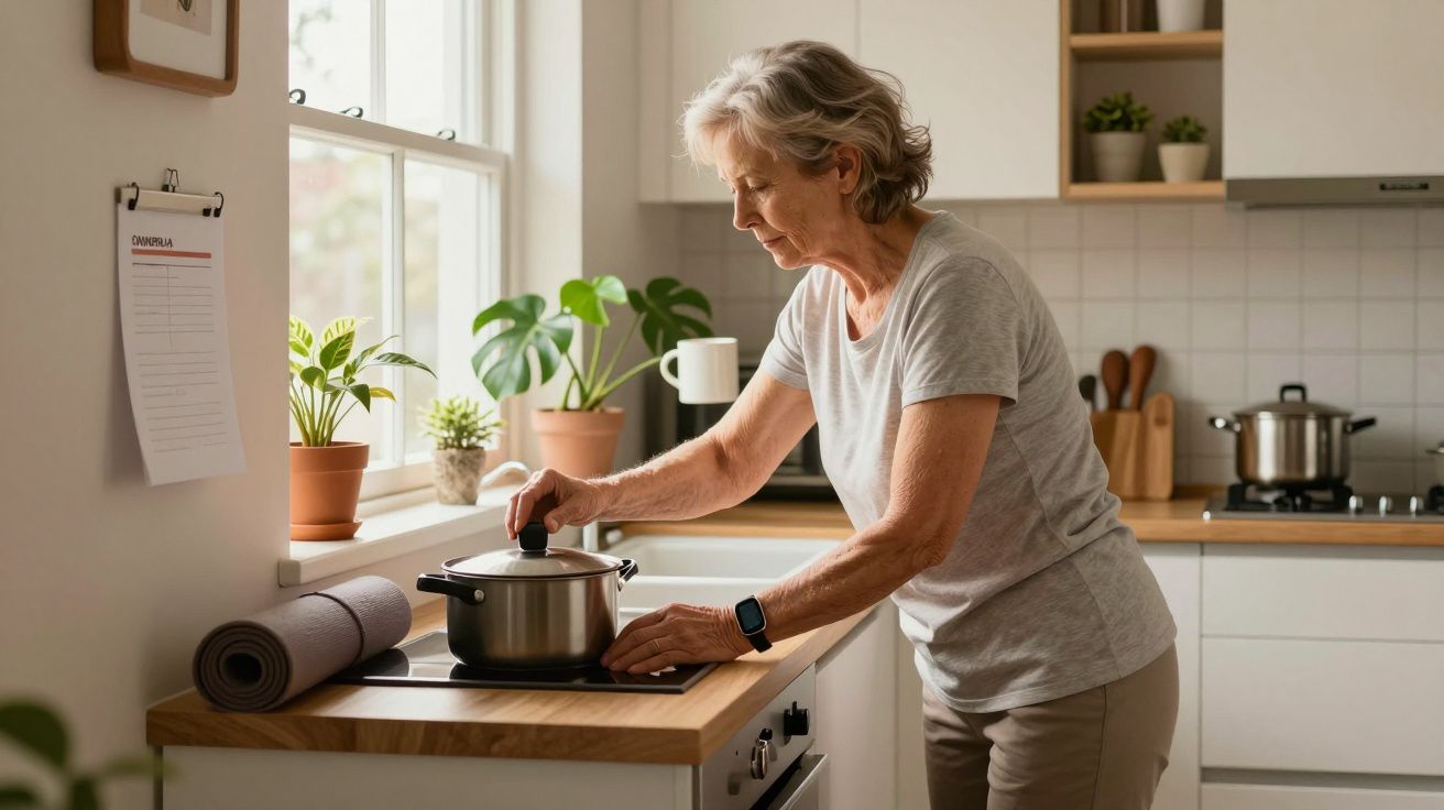 Mujer mayor cocinando en una cocina luminosa y moderna, junto a plantas en macetas y utensilios de cocina.