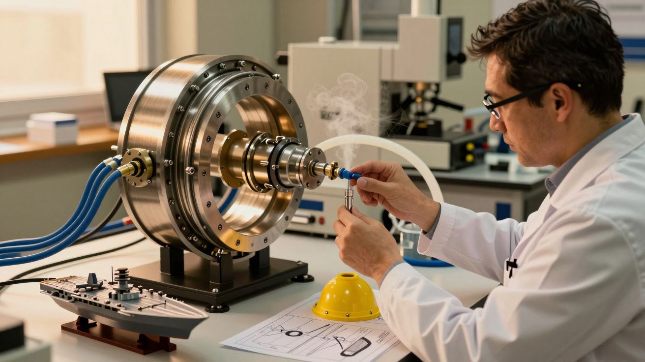 Científico en laboratorio trabaja en motor experimental con diseño de barco miniatura y dibujos técnicos en la mesa.