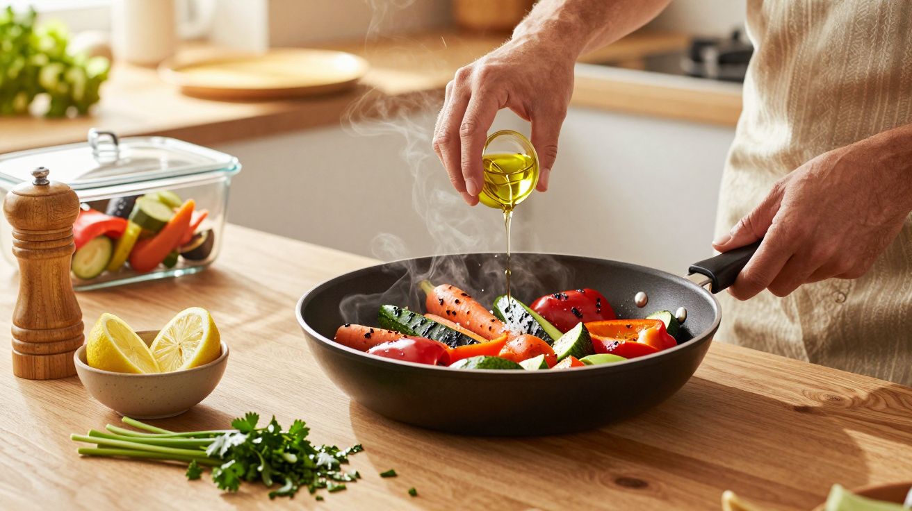 Persona cocinando verduras a la parrilla en una sartén, vertiendo aceite de oliva. En la mesa, limón y hierbas frescas.