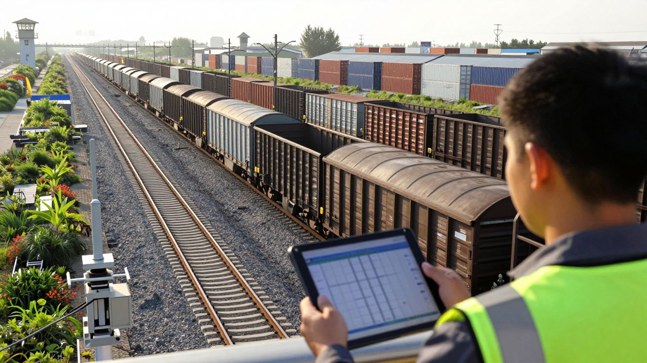 Persona con chaleco amarillo supervisa tren de carga desde un puente, sosteniendo una tablet. Vías férreas y contenedores al 