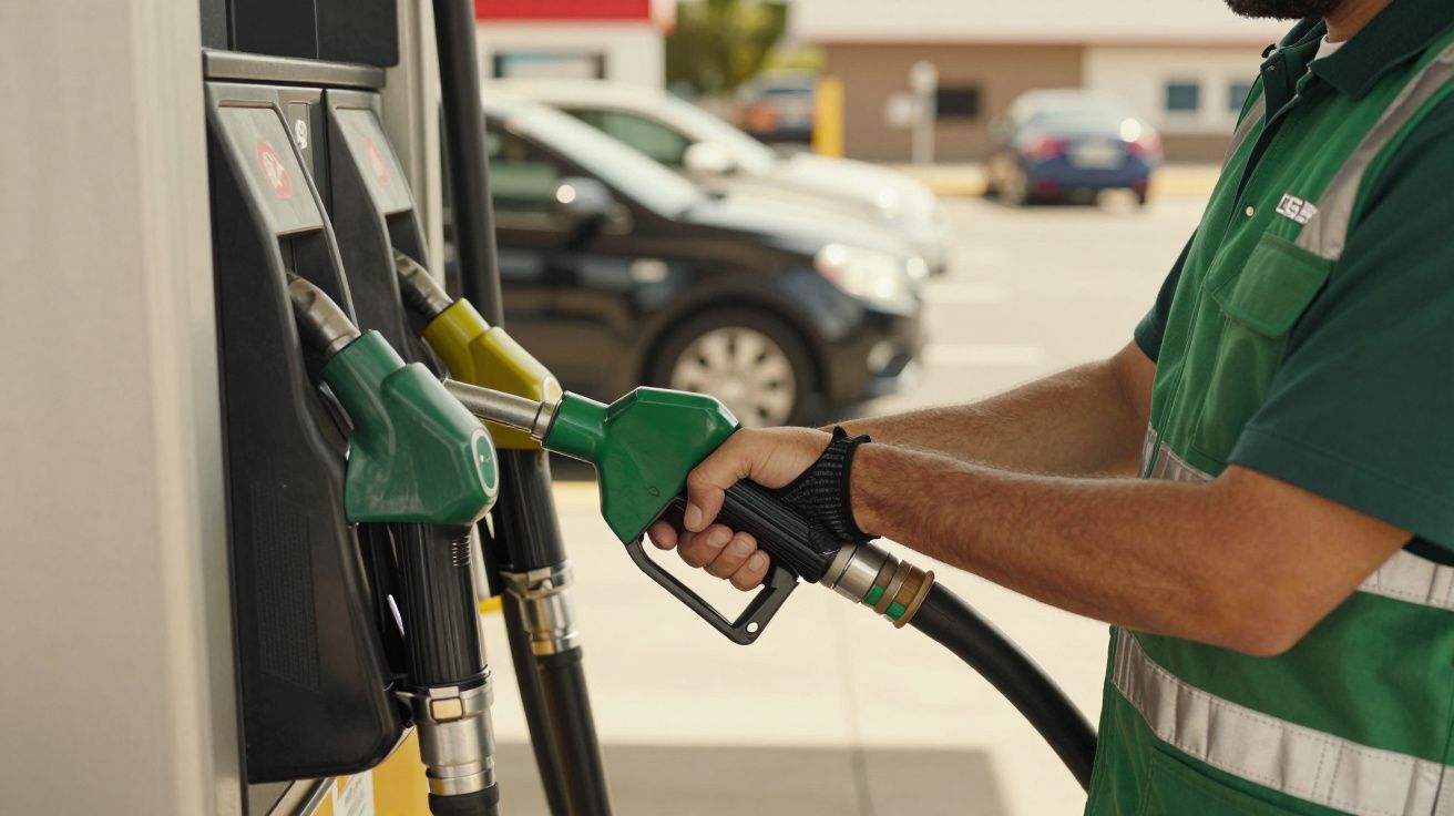 Persona repostando combustible en una gasolinera, sosteniendo una manguera verde junto a surtidores en un día soleado.