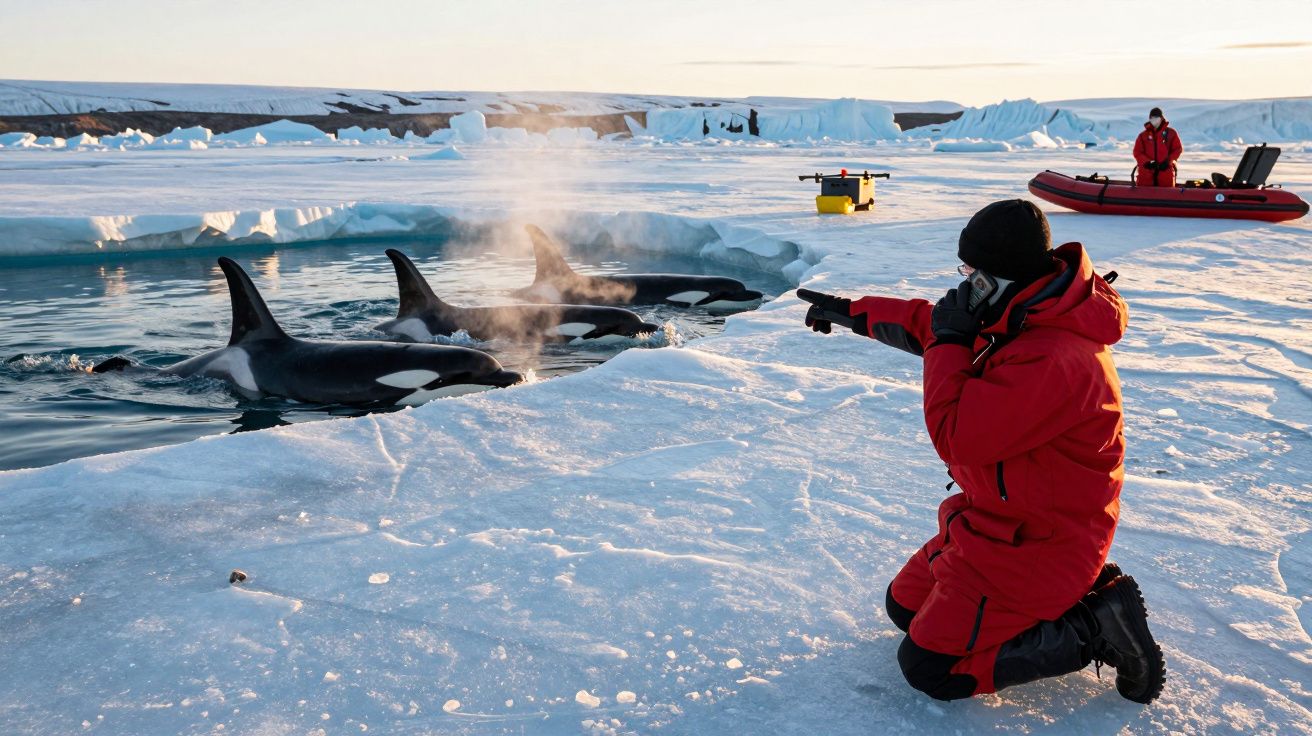 Persona en traje rojo observa orcas en el hielo, mientras otra persona en bote espera en la distancia.