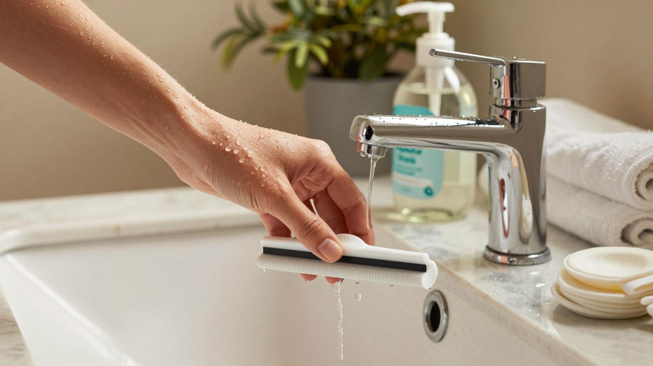 Mano masculina enjuaga un rodillo de pelo bajo el grifo de un baño. Plantas y toallas en el fondo.