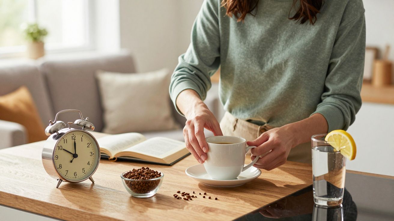 Persona preparando café al lado de un reloj despertador, un libro abierto y un vaso de agua con limón en una cocina.
