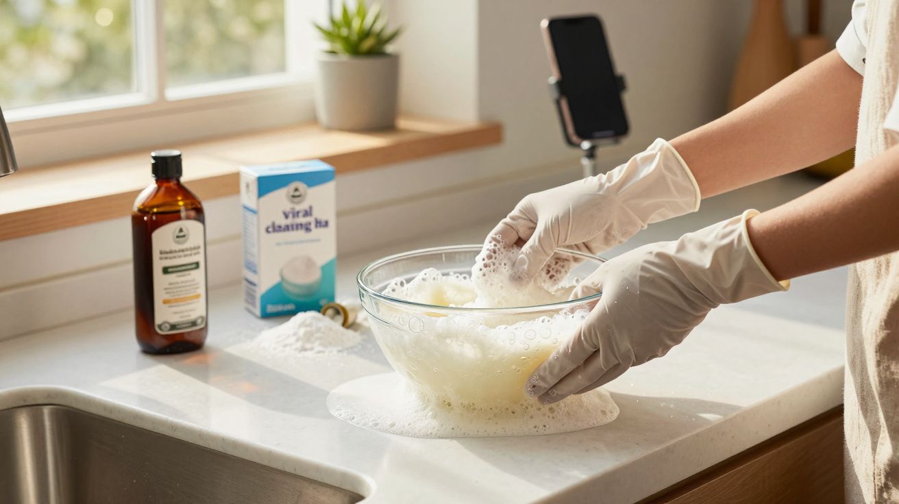 Persona con guantes de goma lavando platos en un fregadero con espuma y productos de limpieza en una cocina iluminada.