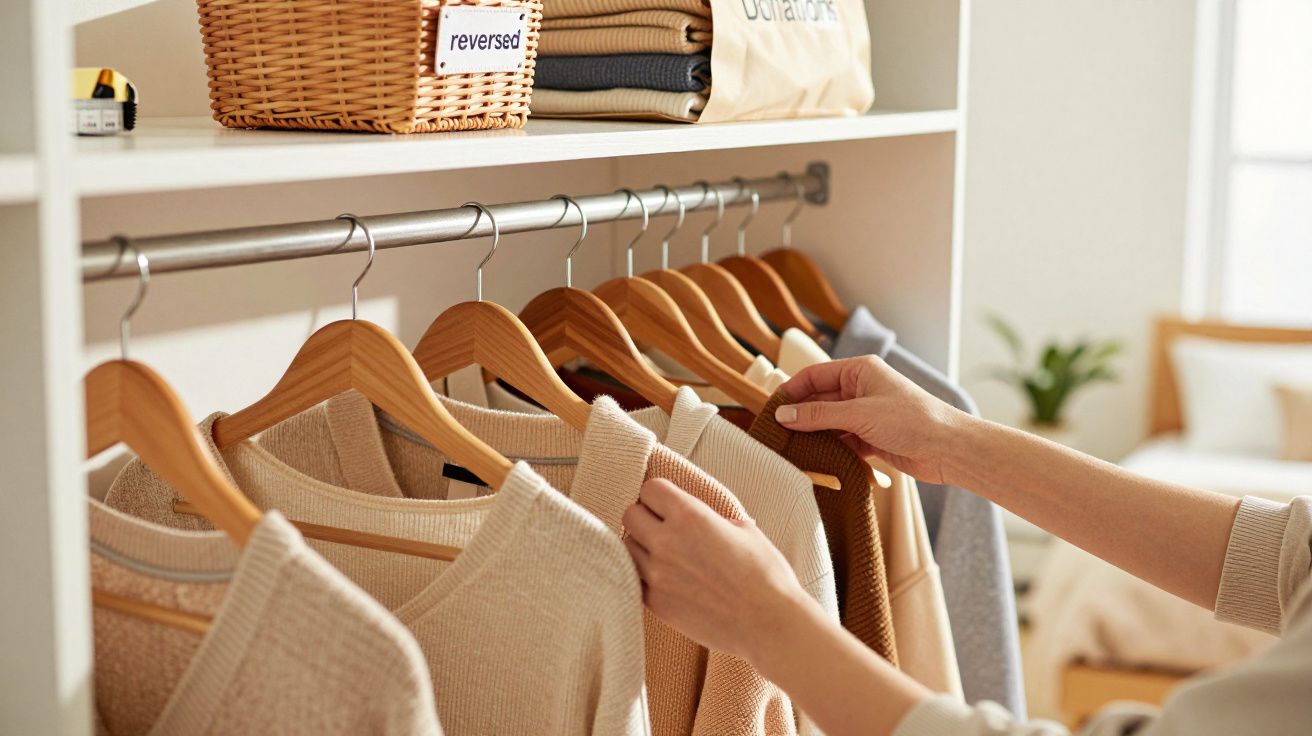 Manos seleccionando ropa beige en un armario con perchas de madera. Al fondo, una cesta y ropa doblada.