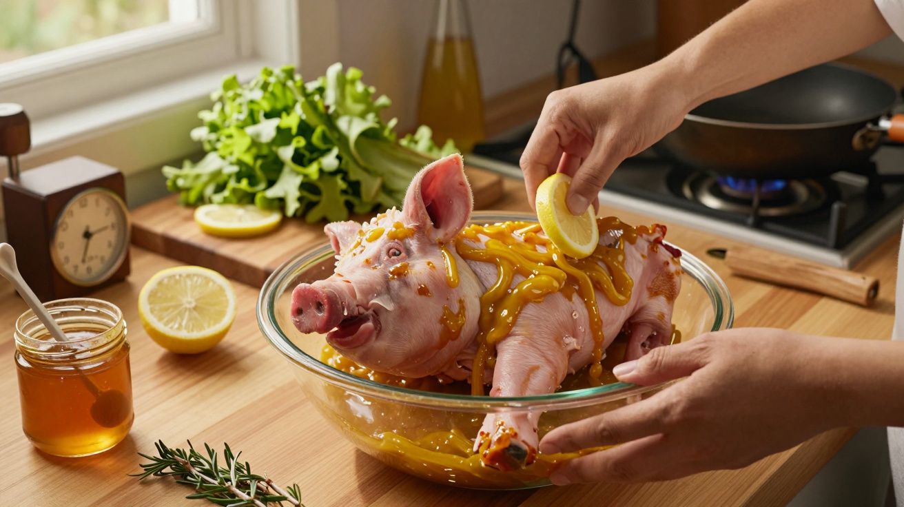 Una persona adereza un cochinillo entero en un bol con rodajas de limón y miel en una cocina iluminada por la ventana.