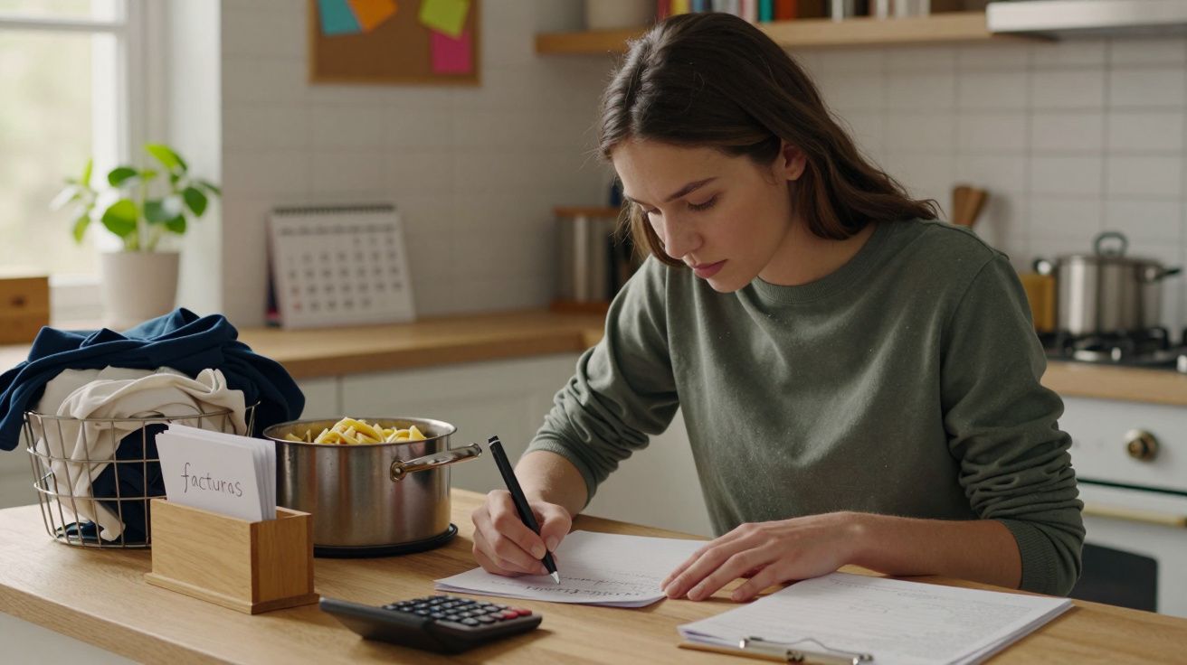 Mujer joven haciendo cuentas en la cocina, con facturas, calculadora y ropa en la mesa.