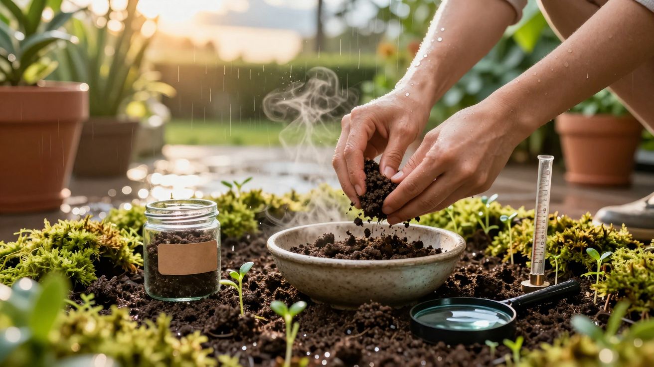 Manos manipulando tierra húmeda en un jardín, rodeadas de macetas y herramientas de jardinería bajo la lluvia.