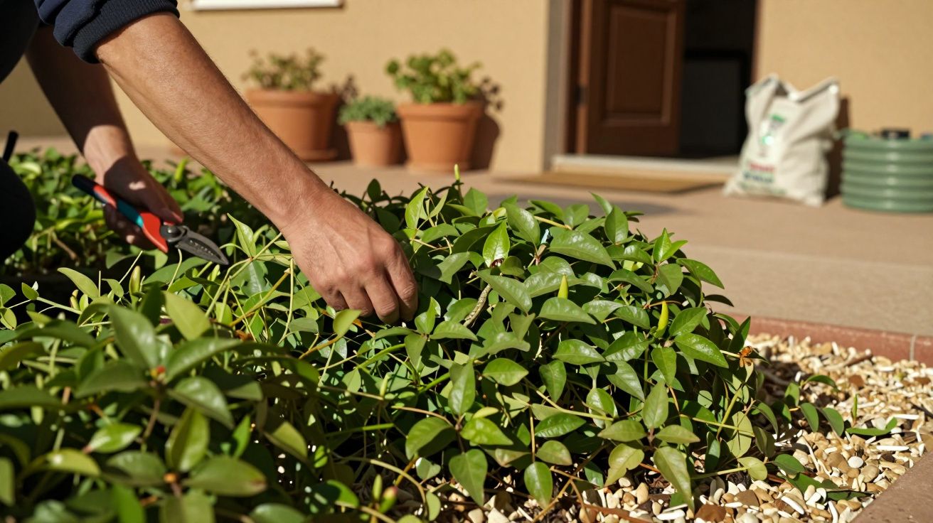 Persona recortando arbusto verde en jardín, rodeado de piedras, con macetas y puertas marrones de fondo.