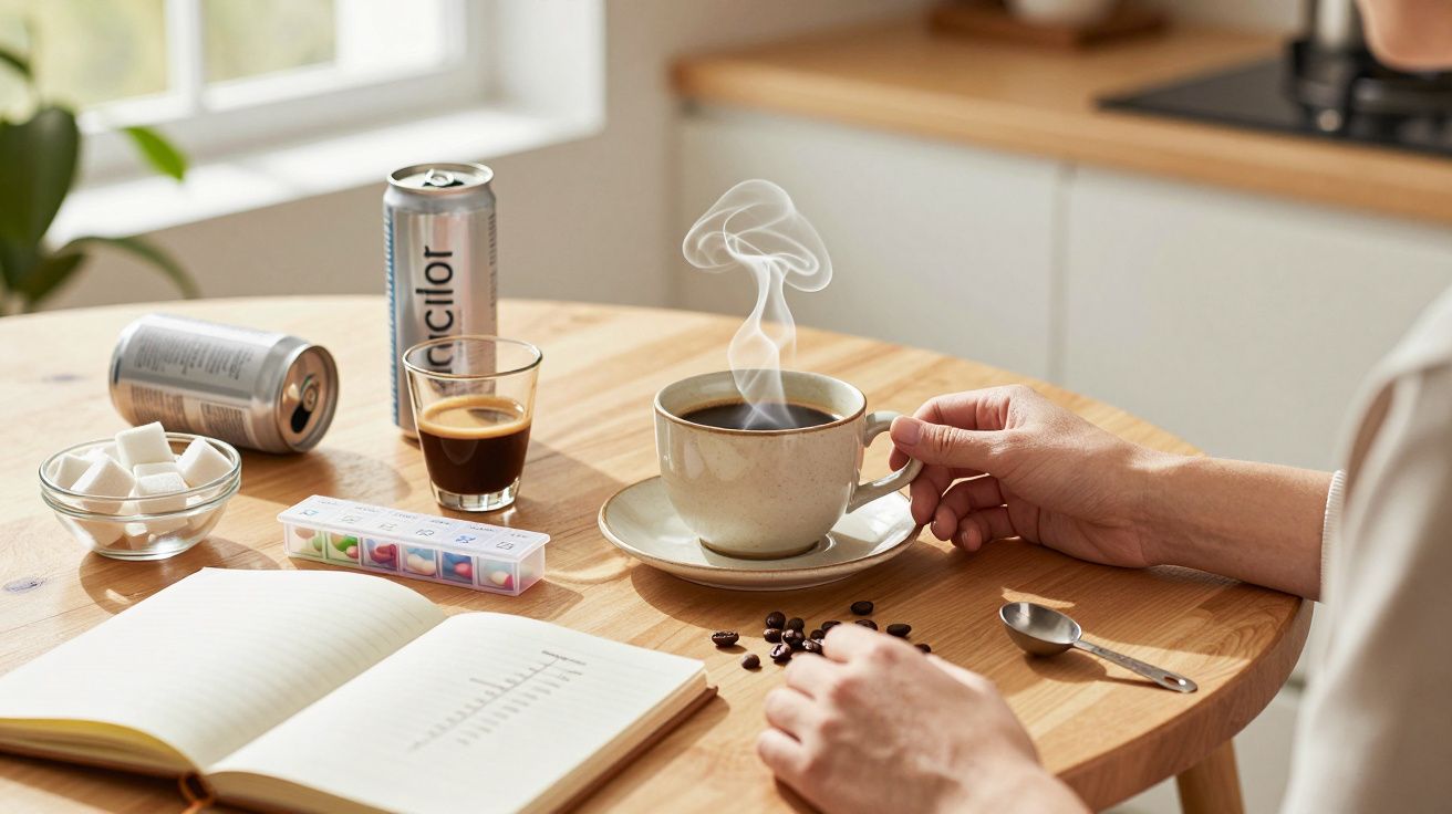 Persona sosteniendo una taza de café humeante en una mesa con una lata, libreta, y pastillero.