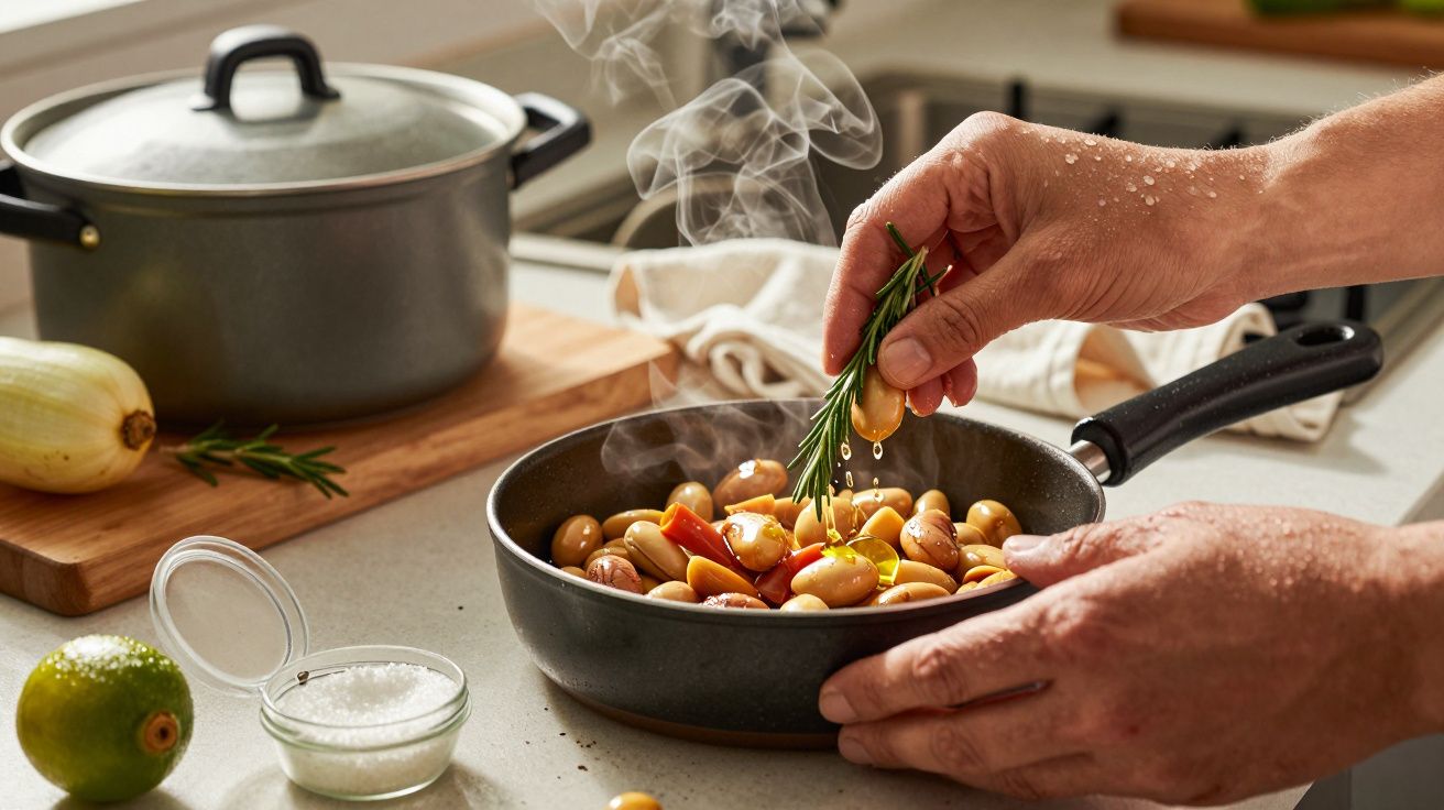 Manos sazonando patatas en sartén; cocina con vapor, romero y sal frente a cazuela, cebolla y limón.