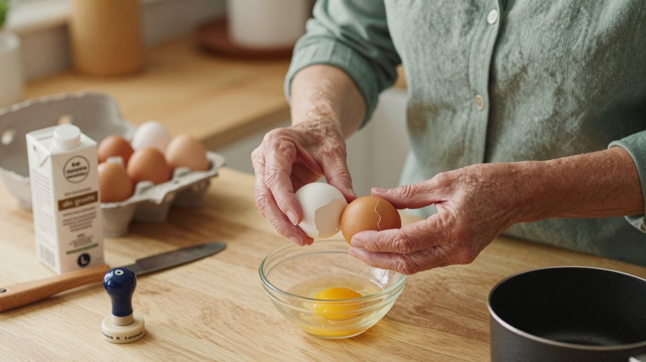 Persona rompiendo un huevo en un bol sobre una encimera de cocina, con carton de huevos y cuchillo al fondo.