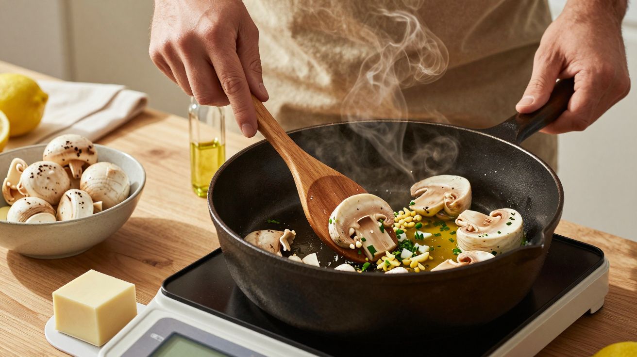 Manos cocinando champiñones con ajo y cebolleta en sartén negra sobre vitrocerámica, cerca de ingredientes como limón y mante